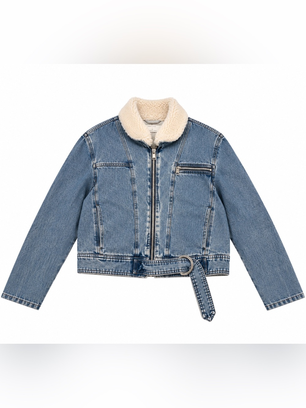 Sherpa Collar Belted Denim Moto Jacket Blue Zip Up Y2K